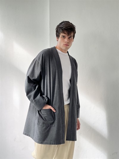 Retrobird Unisex Cepli Kışlık Koyu Gri Hırka Kimono