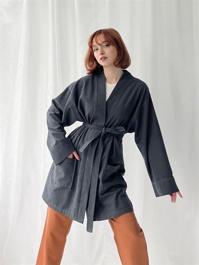 Retrobird Unisex Cepli Kışlık Koyu Gri Hırka Kimono