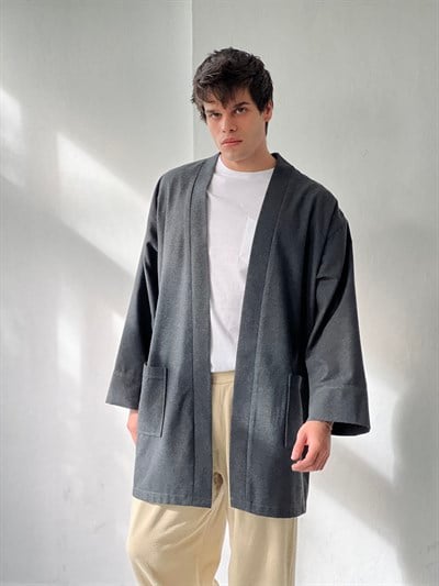 Retrobird Unisex Cepli Kışlık Koyu Gri Hırka Kimono