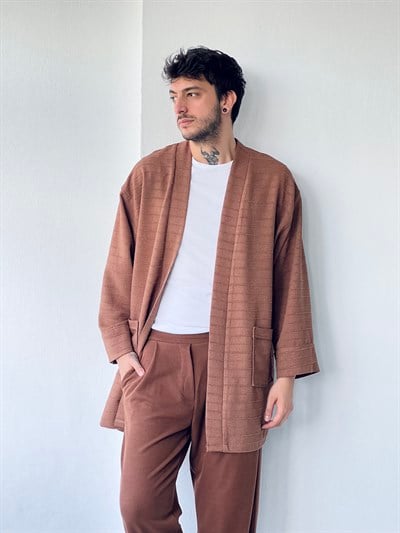 Retrobird Unisex Cepli Kışlık Kahverengi Hırka Kimono