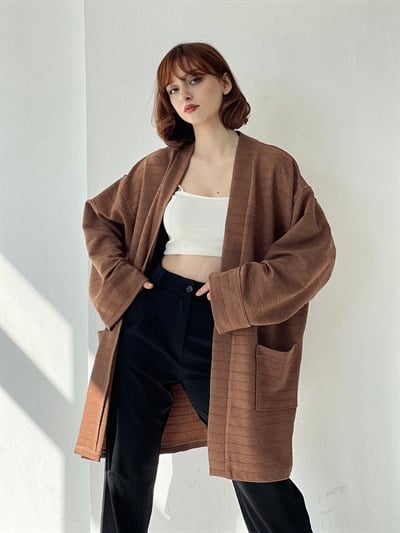 Retrobird Unisex Cepli Kışlık Kahverengi Hırka Kimono