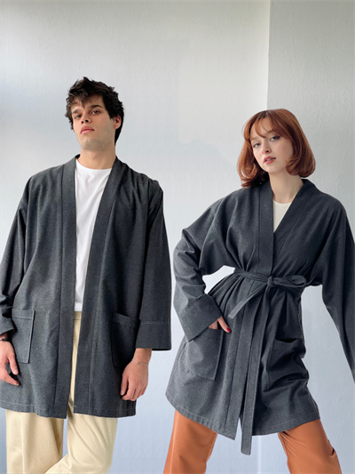 Retrobird Unisex Cepli Kışlık Koyu Gri Hırka Kimono