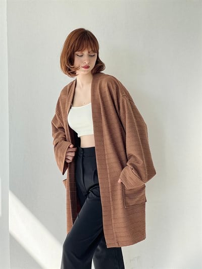 Retrobird Unisex Cepli Kışlık Kahverengi Hırka Kimono