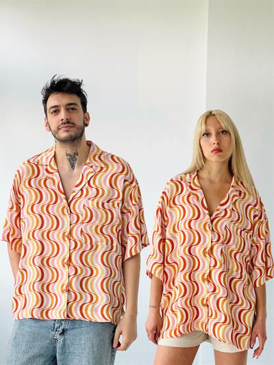 Retrobird Unisex Standart Model Hardal Renkli Oversize Retro Yaka Gömlek