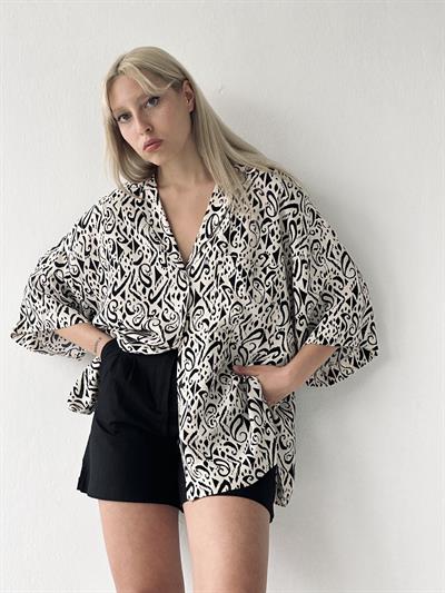 Retrobird Unisex Model Gömlek Yaka Siyah Krem Oversize Retro Gömlek