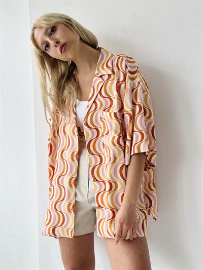Retrobird Unisex Standart Model Hardal Renkli Oversize Retro Yaka Gömlek