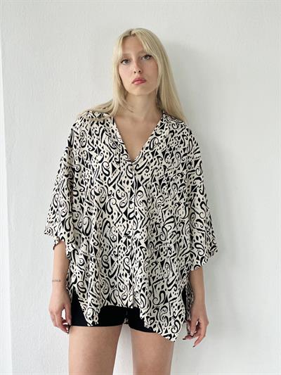 Retrobird Unisex Model Gömlek Yaka Siyah Krem Oversize Retro Gömlek