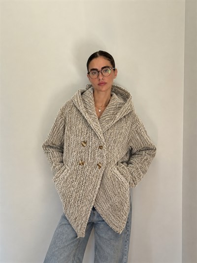 Retrobird Urban Retro Kapüşonlu Oversize Krem Ceket Kaban