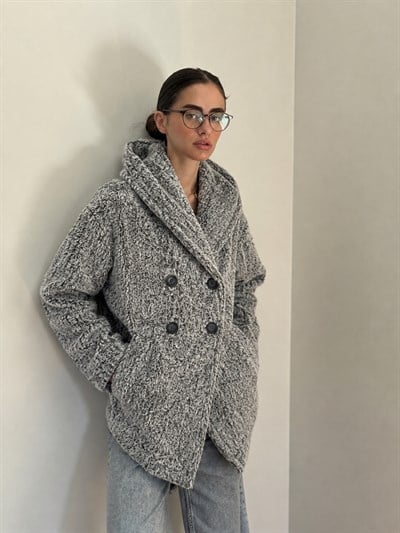 Retrobird Urban Retro Kapüşonlu Oversize Gri Ceket Kaban