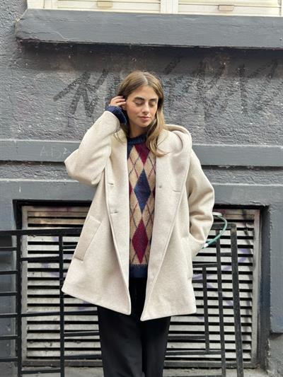 Retrobird Urban Retro Kapüşonlu Oversize Bej Ceket Kaban