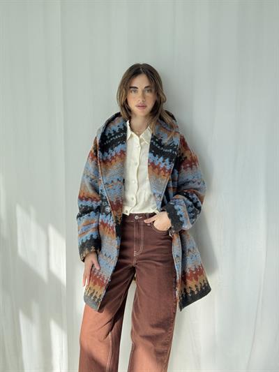 Retrobird Urban Retro Kapüşonlu Çok Renkli Oversize Ceket Kaban