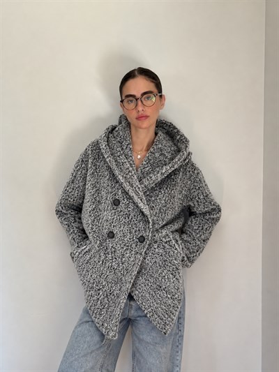 Retrobird Urban Retro Kapüşonlu Oversize Gri Ceket Kaban
