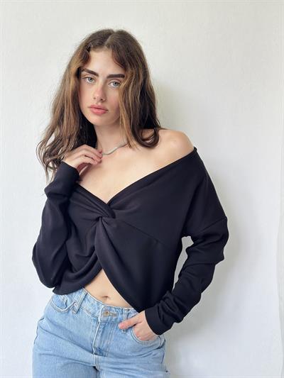 Retrobird Long Sleeve Knotted Front Black Crop Blouse