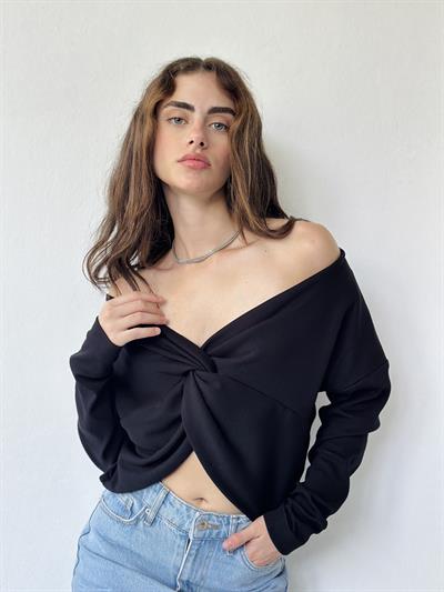 Retrobird Long Sleeve Knotted Front Black Crop Blouse