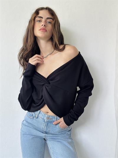 Retrobird Long Sleeve Knotted Front Black Crop Blouse