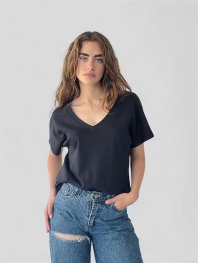 Retrobird Black V-Neck Loose T-Shirt Top
