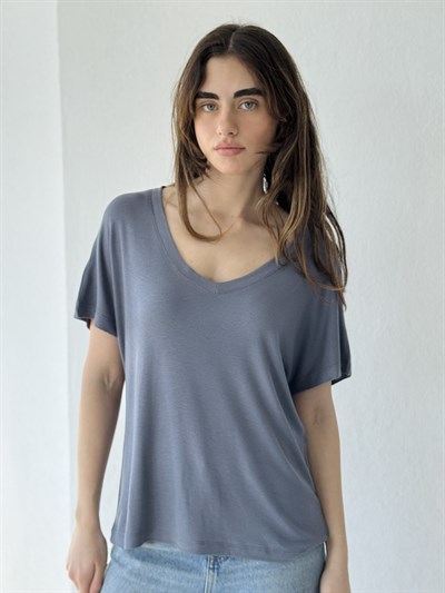 Retrobird V-Neck Corset Draped Indigo T-Shirt Top