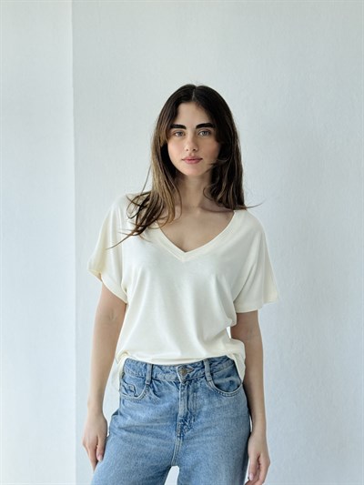 Retrobird V-Neck Corset Draped Ecru T-Shirt Top