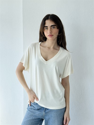 Retrobird V-Neck Corset Draped Ecru T-Shirt Top