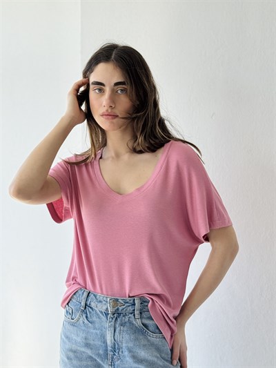 Retrobird V-Neck Corset Draped Pink T-Shirt Top