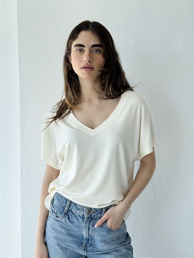 Retrobird V-Neck Corset Draped Ecru T-Shirt Top