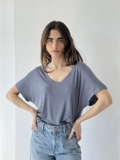 Retrobird V-Neck Corset Draped Indigo T-Shirt Top