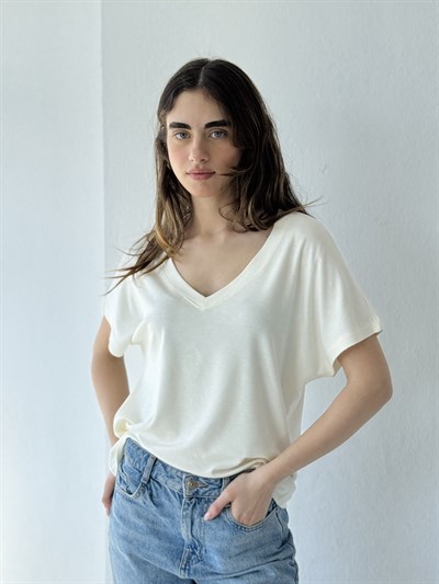 Retrobird V-Neck Corset Draped Ecru T-Shirt Top