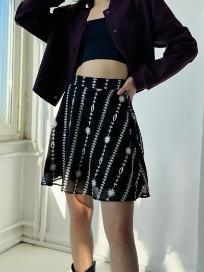 Retrobird Valerie Astarlı Şifon Siyah Dört Mevsim Kısa Kloş Etek