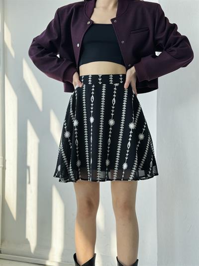 Retrobird Valerie Astarlı Şifon Siyah Dört Mevsim Kısa Kloş Etek