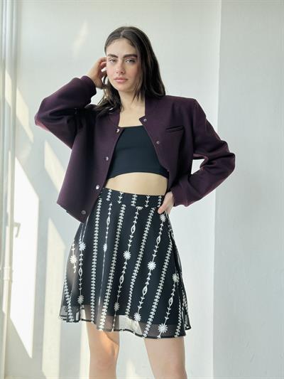 Retrobird Valerie Astarlı Şifon Siyah Dört Mevsim Kısa Kloş Etek