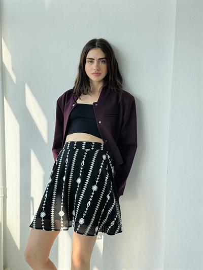 Retrobird Valerie Astarlı Şifon Siyah Dört Mevsim Kısa Kloş Etek