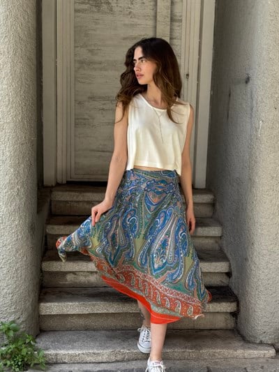 Retrobird Valerie Şifon Kloş Astarlı Turuncu Mavi Uzun Etek