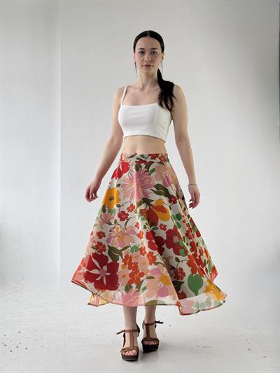 Retrobird Çiçekli Valerie Şifon Kloş Astarlı Krem Uzun Etek