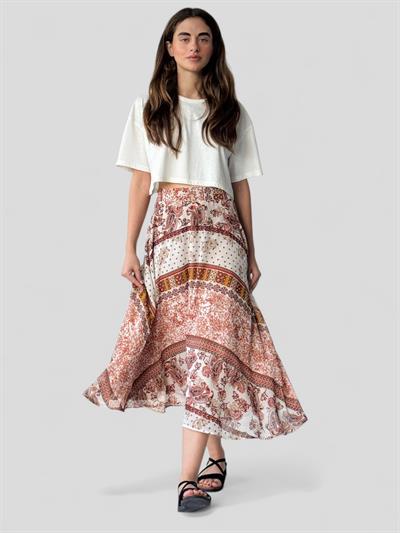 Retrobird Valerie Cognac Tan Chiffon Flared Lined Long Skirt