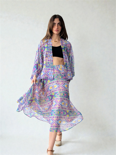 Retrobird Valerie Chiffon Flared Lined Long Skirt in Purple