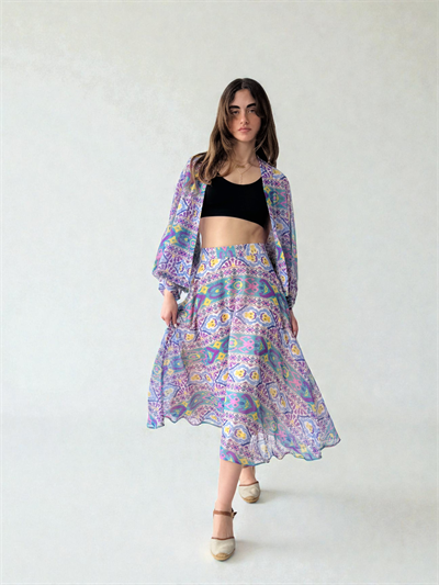 Retrobird Valerie Chiffon Flared Lined Long Skirt in Purple