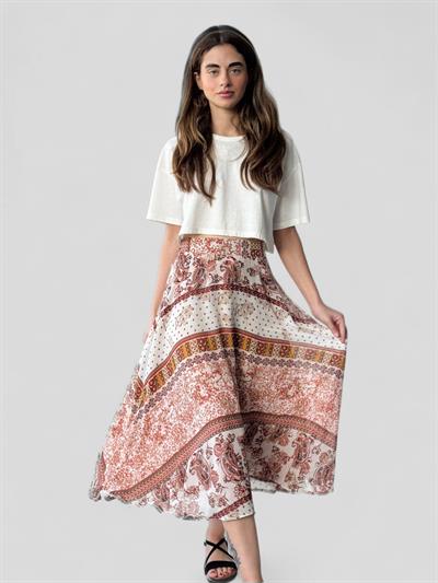 Retrobird Valerie Cognac Tan Chiffon Flared Lined Long Skirt