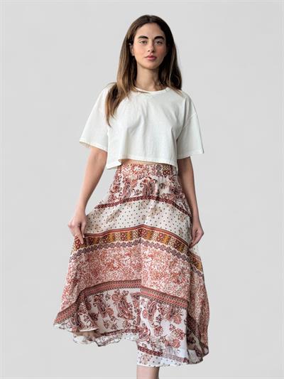 Retrobird Valerie Cognac Tan Chiffon Flared Lined Long Skirt