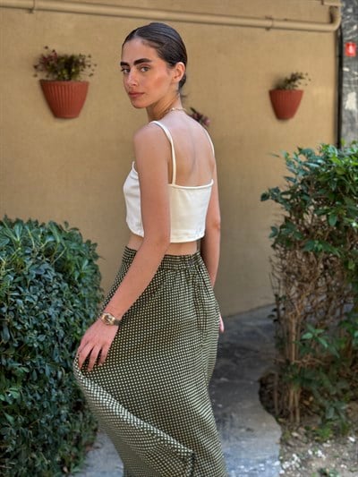 Retrobird Valerie Şifon Kloş Astarlı Yeşil - Krem Uzun Etek