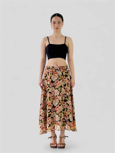 Retrobird Çiçek Desenli Valerie Şifon Kloş Astarlı Taba Uzun Etek