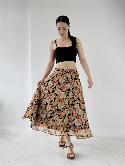 Retrobird Çiçek Desenli Valerie Şifon Kloş Astarlı Taba Uzun Etek