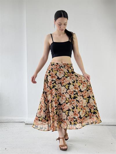 Retrobird Çiçek Desenli Valerie Şifon Kloş Astarlı Taba Uzun Etek