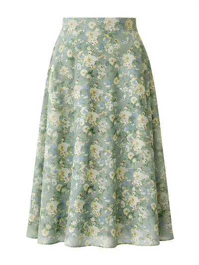 Retrobird Valerie Chiffon Green Flared Lined Long Skirt