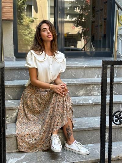 Retrobird Valerie Sütlü Kahve Viskon Kloş Uzun Etek