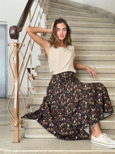 Retrobird Valerie Burç Desenli Çok Renkli Viskon Kloş Uzun Etek