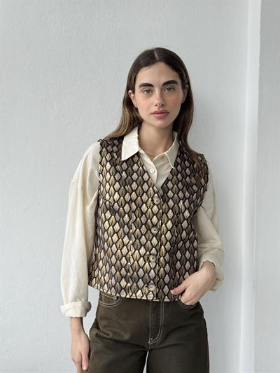 Retrobird Varaklı Parlak Dokuma Desenli Vizon Gold Tasarım Yelek