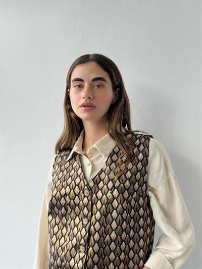 Retrobird Varaklı Parlak Dokuma Desenli Vizon Gold Tasarım Yelek