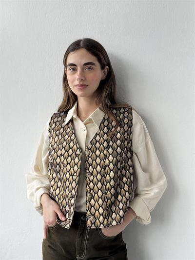 Retrobird Varaklı Parlak Dokuma Desenli Vizon Gold Tasarım Yelek