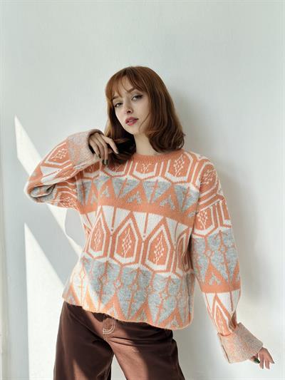 Retrobird Vintage Desenli Jakarlı Somon Triko Kazak