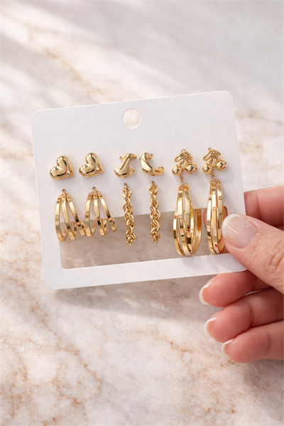 Retrobird Vintage Style Golden Muse Parlak Sarı 6lı Küpe Seti